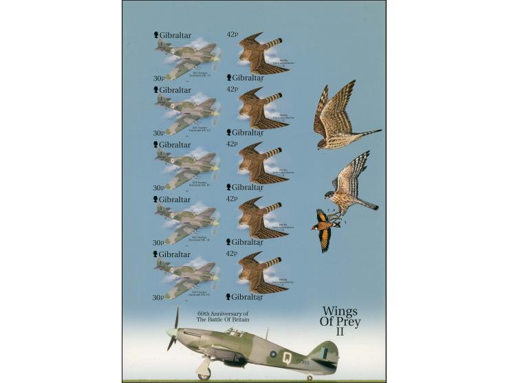 Two imperf Cromalin proof sheets containing 5 se-tenant pairs showing the Hurricane 30p & female Merlin 42p, mounted on House