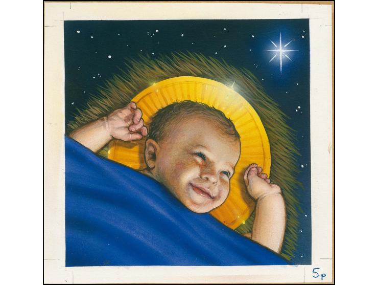 Infant Jesus - Original watercolour artwork by Christian Hook as used for 5p value on card, image size 120 x 120
