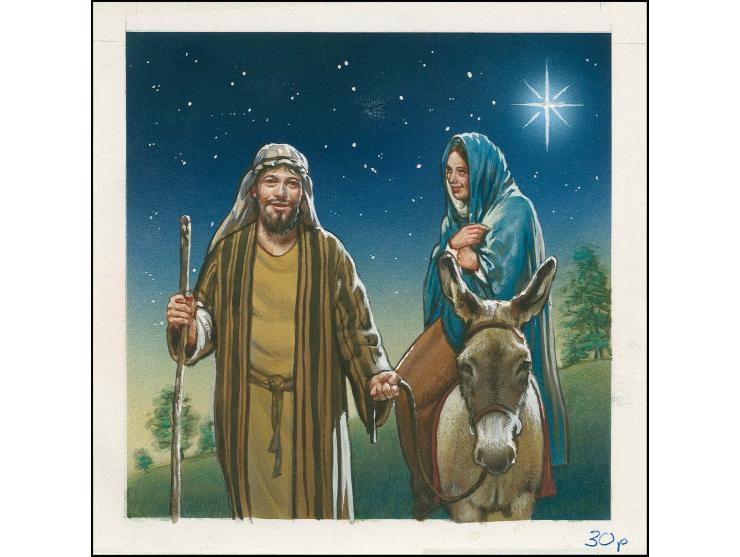 Journey to Bethlehem - Original watercolour artwork by Christian Hook as used for 30p value on card, image size 120 x 120