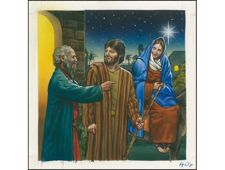 Mary & Joseph with Innkeeper - Original watercolour artwork by Christian Hook as used for 40p value on card, image size 120 x