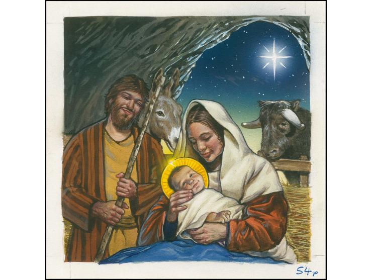 The Nativity - Original watercolour artwork by Christian Hook as used tor 42p value (54p shown in m/s) on card, image size 12