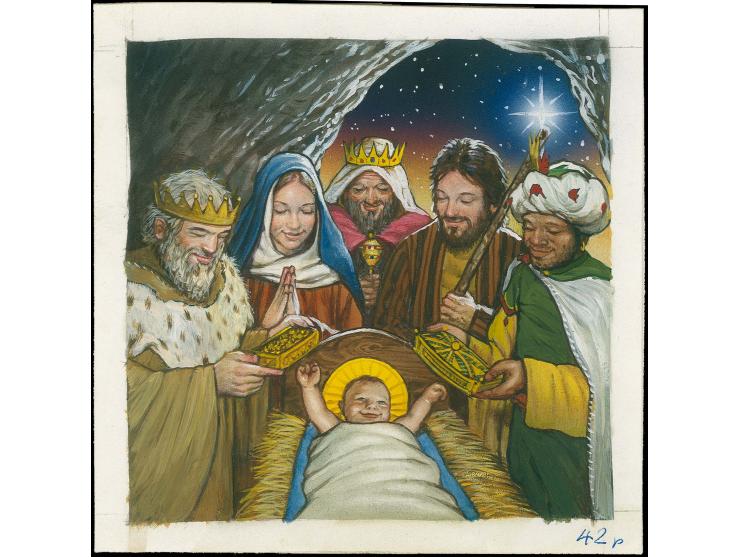 Visit of the Wise Men - Original watercolour artwork by Christian Hook as used for 54p value (42p shown in m/s) on card, imag