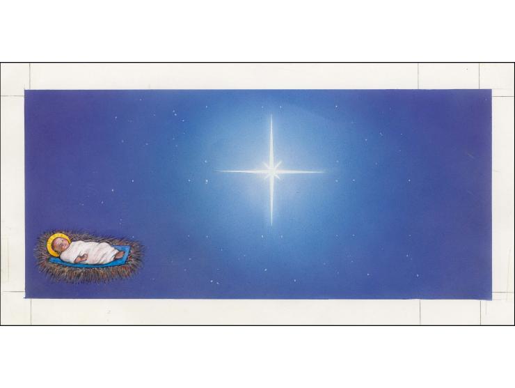 Jesus in Manger - Original watercolour artwork by Christian Hook as used for Official First Day Cover on card, image size 265