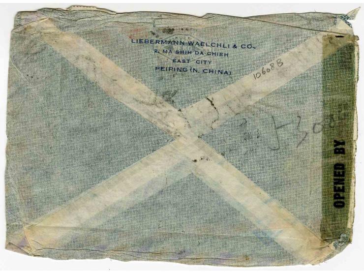 1938, "DAMAGED BY SEA WATER", boxed marking on airmail cover from "PEIPING 16.8." to Austria with censor mark and -label