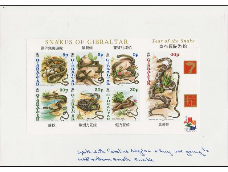 Imperf proof of the m/sheet as issued except date has been moved, gold is more intense at right and Southern Smooth Snake ins