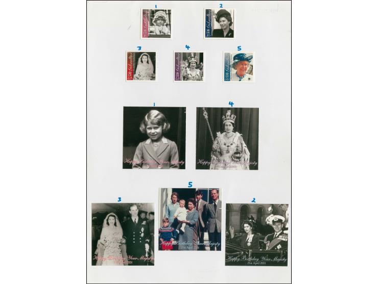 Set of 5 imperf proofs similar to issued stamps except without date, plus 5 label proofs (twice stamp size as used for inter-