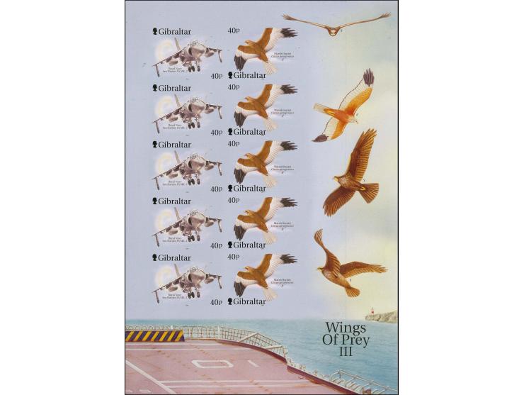 Imperf proof sheet containing 5 se-tenant pairs showing the Sea Harrier 40p & Marsh Harrier 40p as issued but with grey backg