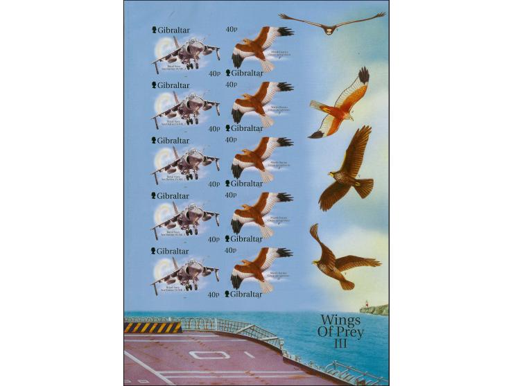 Imperf proof sheet containing 5 se-tenant pairs showing the Sea Harrier 40p & Marsh Harrier 40p as issued (blue background) m