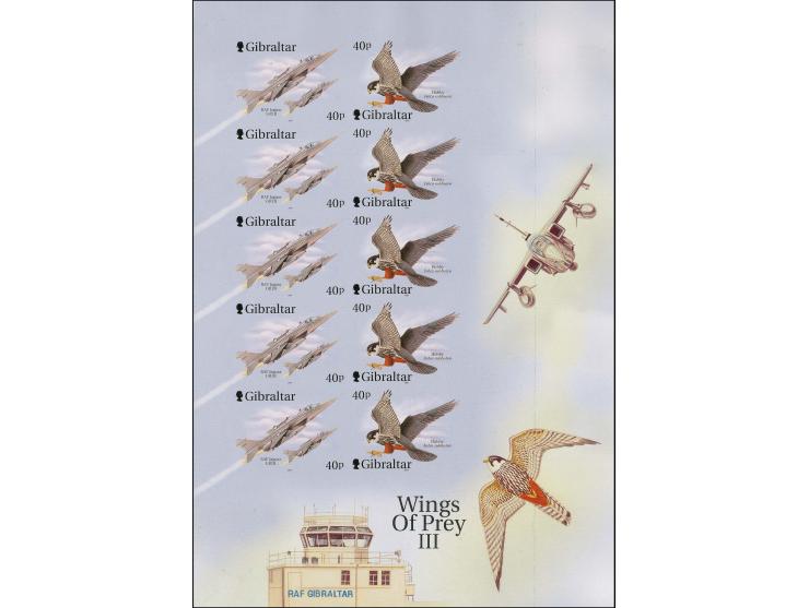 Imperf proof sheet containing 5 se-tenant pairs showing the RAF Jaguar 40p & Hobby 40p as issued but with grey background, mo