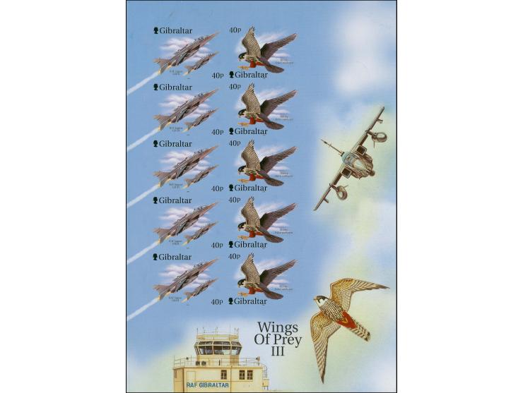 Imperf proof sheet containing 5 se-tenant pairs showing the RAF Jaguar 40p & Hobby 40p as issued (blue background) mounted on