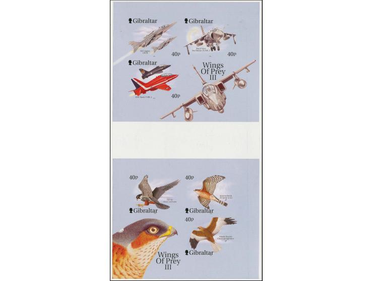 Imperf proof set of 2 m/sheets each containing 3 x 40p bird or Aircraft values as issued but with grey background, mounted on