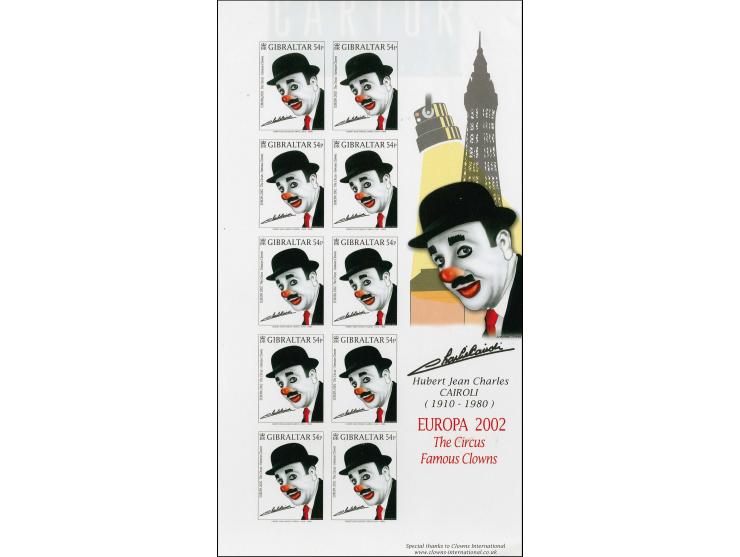 Charlie Cairoli 54p imperf proof sheet of 10 in issued colours mounted on Cartor presentation card