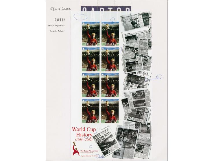 Imperf proof sheet of 8 x 30p value (Bobby Moore holding trophy) as issued mounted on Cartor presentation card. Several marks