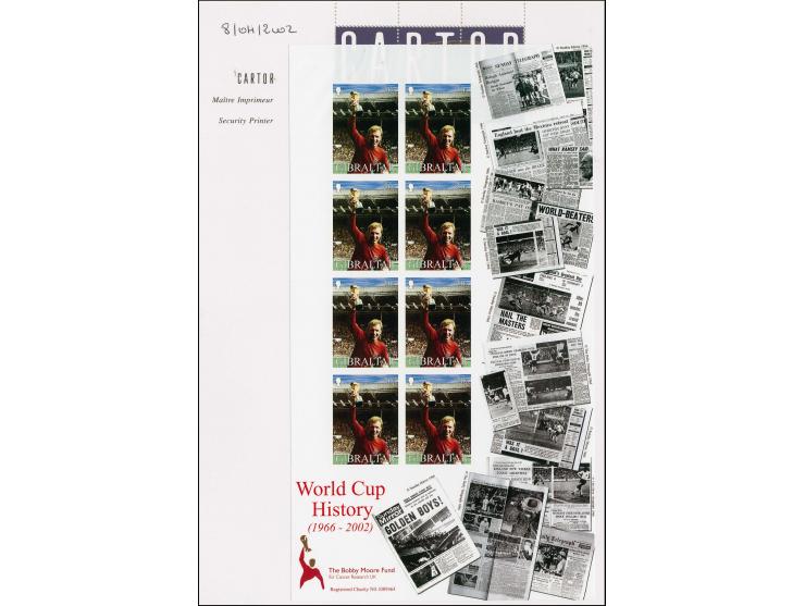 Imperf proof sheet of 8 x 30p value (Bobby Moore holding trophy) as issued mounted on Cartor presentation card