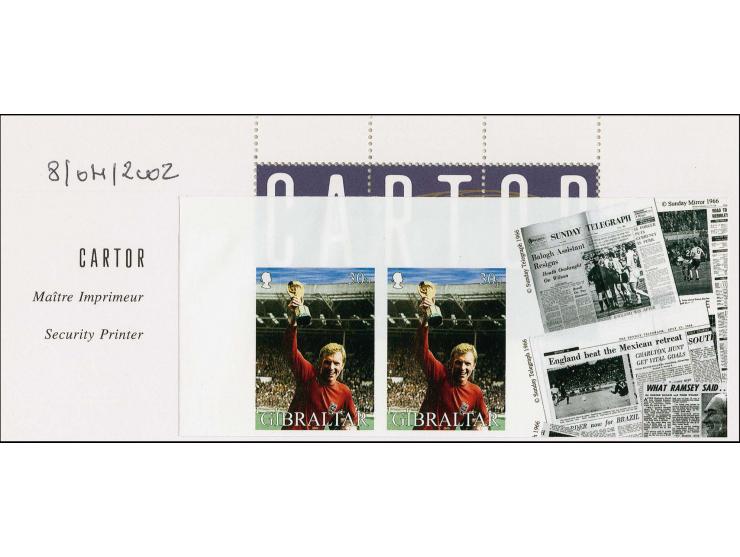 Two imperf proof pair of 30p value (Bobby Moore holding trophy) as issued mounted on Cartor presentation card with Printer»s 
