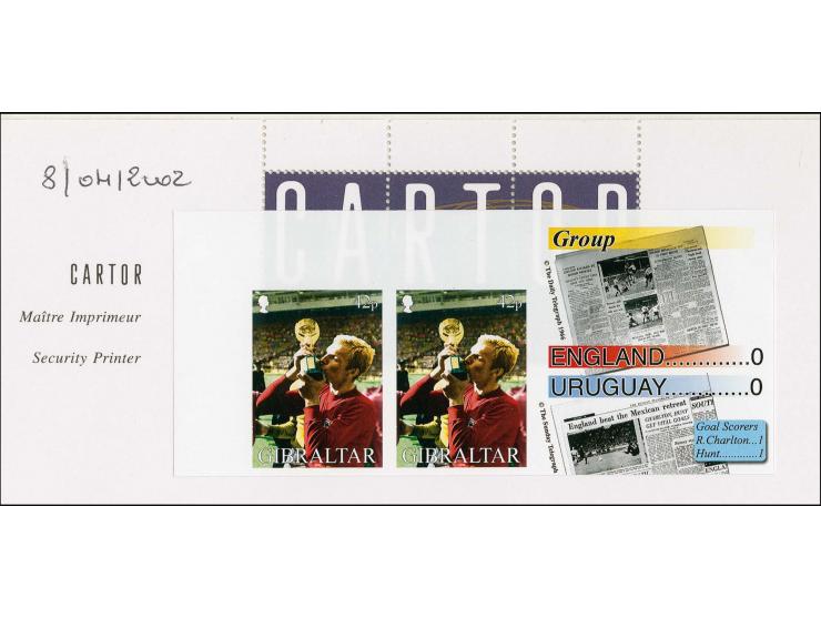 Two imperf proof pairs of 42p value (Bobby Moore kissing trophy) as issued mounted on Cartor presentation card with Printer»s