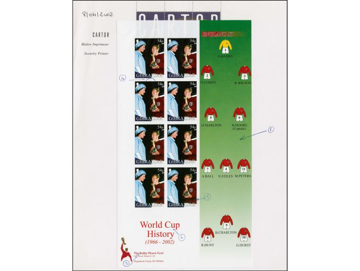 Imperf proof sheet of 8 x 54p value (Bobby Moore with Queen) as issued mounted on Cartor presentation card. Several marks hav