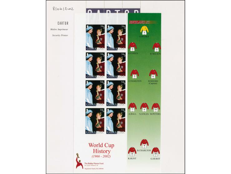 Imperf proof sheet of 8 x 54p value (Bobby Moore with Queen) as issued mounted on Cartor presentation card