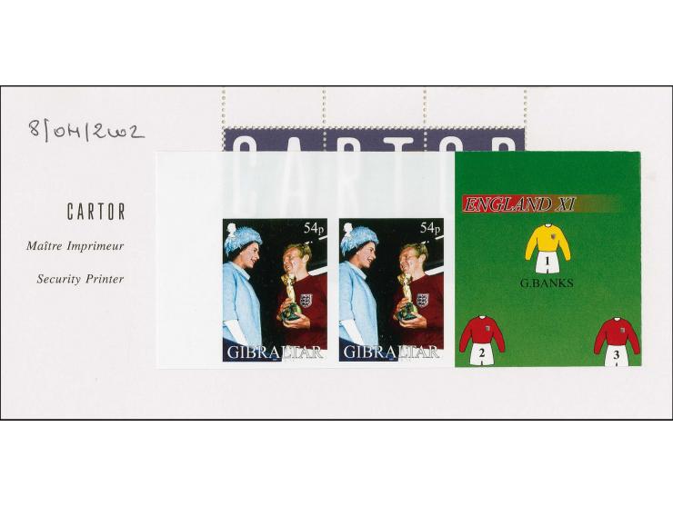 Two imperf proof pairs of 54p value (Bobby Moore with Queen) as issued mounted on Cartor presentation card with Printer«s hea