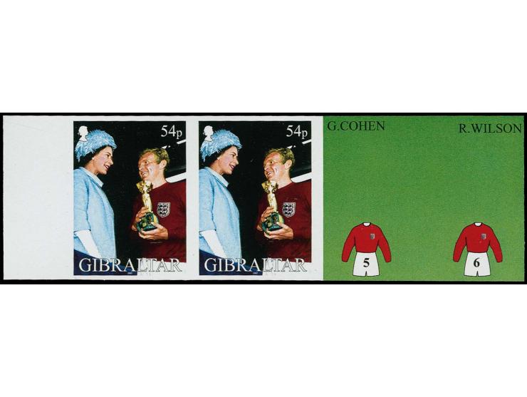 Six imperf proof pairs of 54p value (Bobby Moore with Queen) as issued unmounted mint