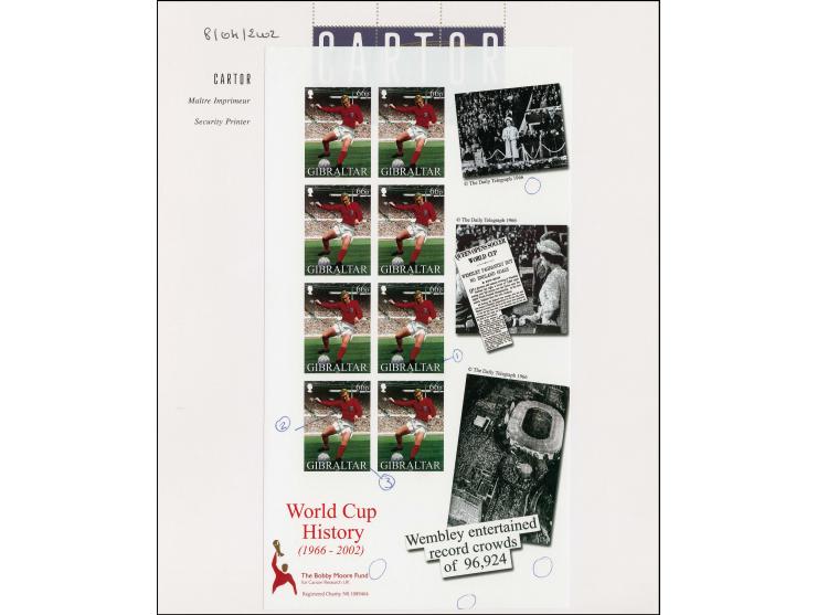 Imperf proof sheet of 8 x 66p value (Bobby Moore in action) as issued mounted on Cartor presentation card. Several marks have