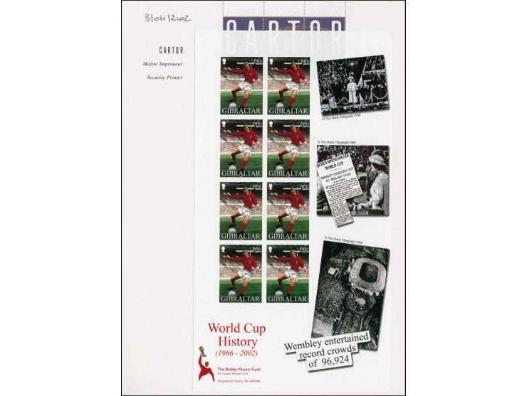 Imperf proof sheet of 8 x 66p value (Bobby Moore in action) as issued mounted on Cartor presentation card