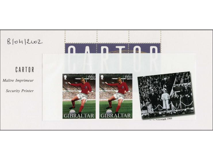 Two imperf proof pairs of 66p value (Bobby Moore in action) as issued mounted on Cartor presentation card with Printer«s head