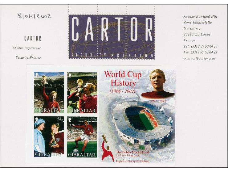 Three imperf proof of m/sheet as issued mounted on Cartor presentation card complete with issued (perf) m/sheet