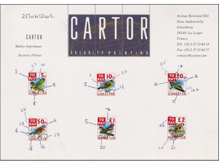 Imperf proof set of 6 as issued mounted on Cartor presentation card with a number of tiny flaws highlighted to be removed