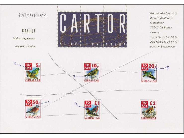 Imperf proof set of 6 as issued mounted on Cartor presentation card with a number of tiny flaws highlighted to be removed and
