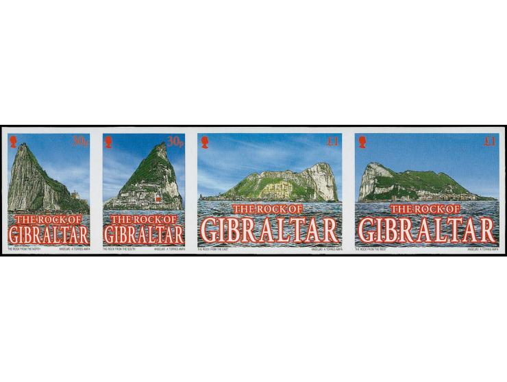 Three imperf proof strip of 4 unmounted mint on Cartor presentation card, similar to issued stamps except the £1 inscription 