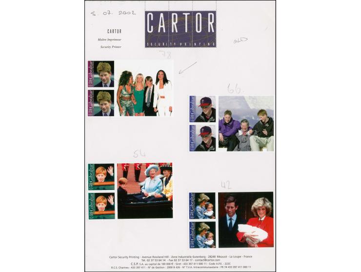 Set of 4 in imperf pairs each se-tenant with label mounted on Cartor presentation card, similar to issued stamps except the 6