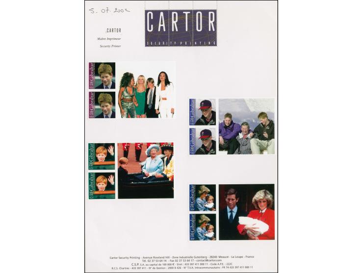 Two sets of 4 in imperf pairs each se-tenant with label mounted on Cartor presentation card, similar to issued stamps except 