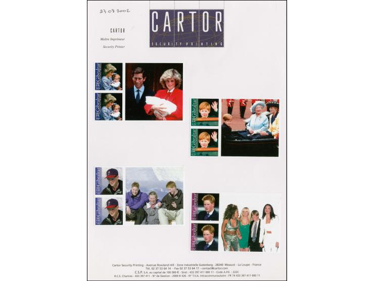 sets of 4 in imperf pairs each se-tenant with label mounted on Cartor presentation card as issued designs