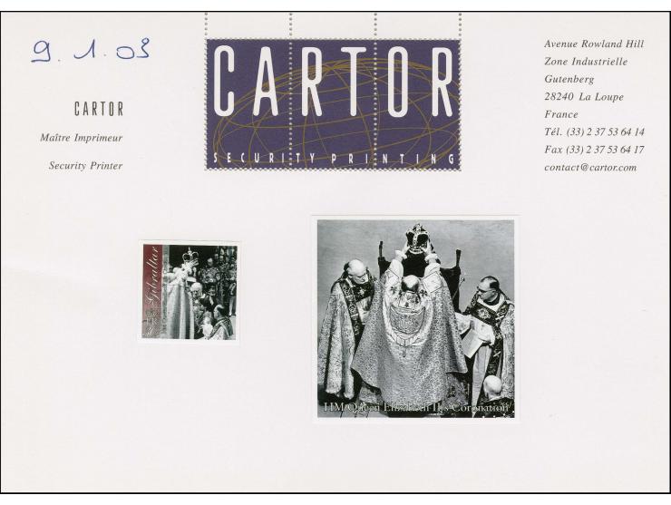 Imperf proof of 30p value (Crowning) as issued except without imprint date plus inter-paneau label both mounted on Cartor pre