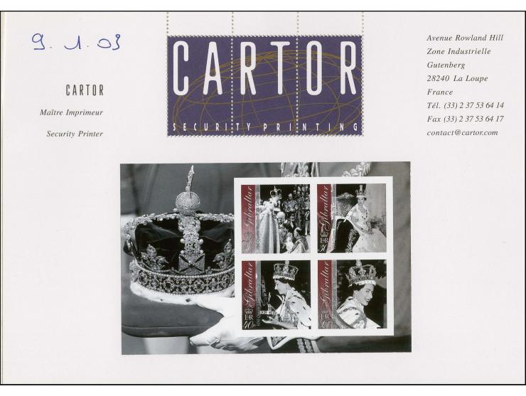 Imperf proof of m/sheet as Issued except without inscription and imprint dates, mounted on Cartor presentation card complete 
