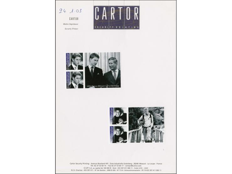 Four sets of 4 in imperf pairs each se-tenant with label mounted on two Cartor presentation cards as issued designs