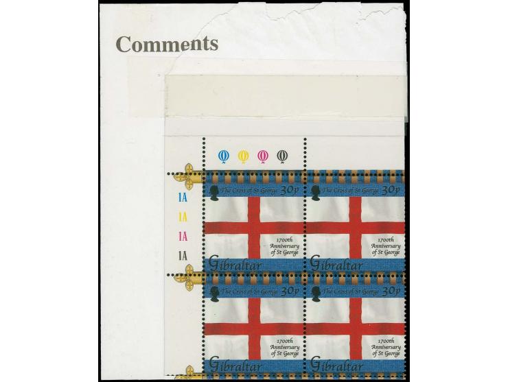 Flag 30p, four imperf proof  NW corner blocks of 4 as issued with transparent overlay showing perforation pattern mounted on 