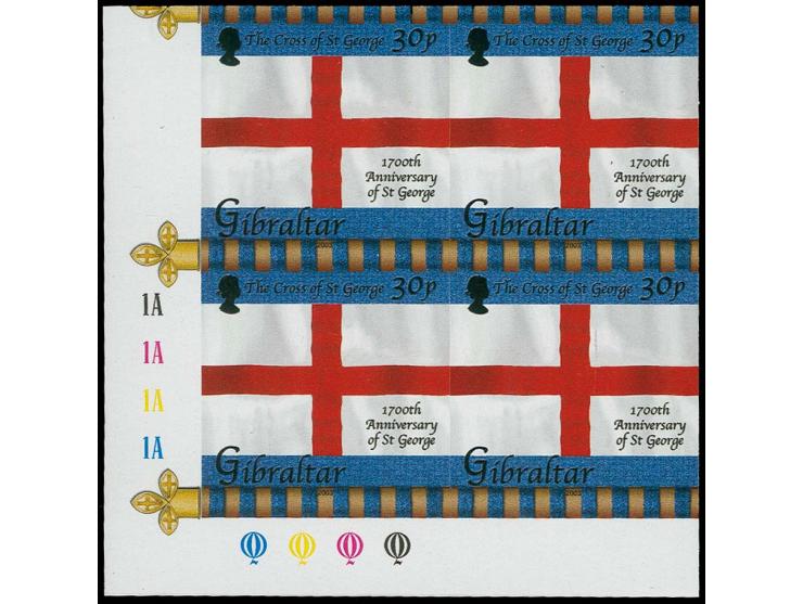 Flag 30p, four imperf proof SW comer blocks of 4 as issued unmounted mint