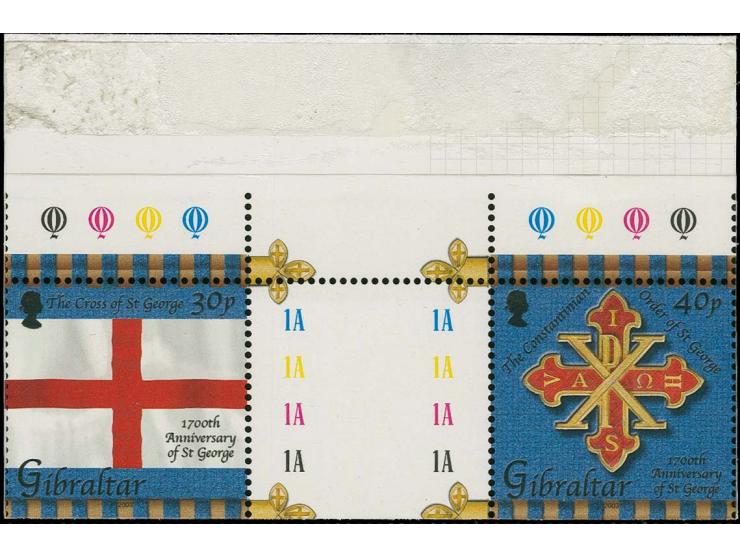 Flag 30p & MCO Cross 40p, four imperf se-tenant gutter pairs as issued designs, with transparent overlay showing perforation 