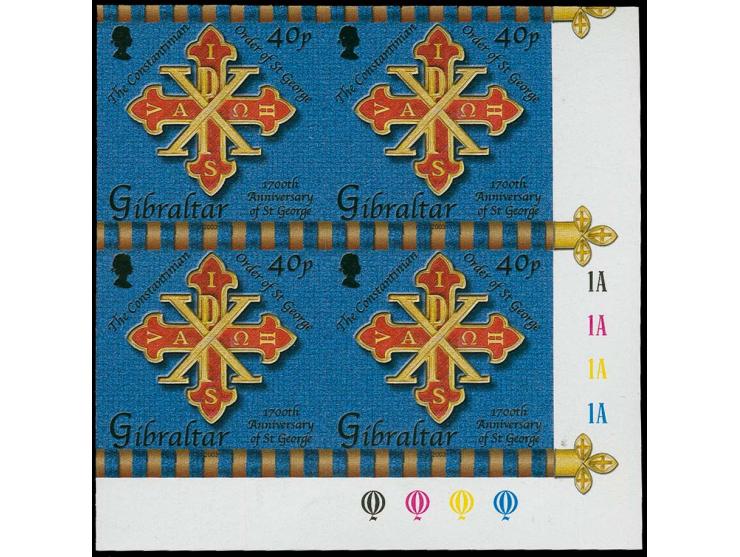 MCO Cross 40p, three imperf proof SE corner blocks of 4 as issued unmounted mint