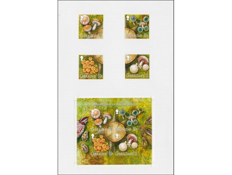 Three imperf proof set of 4 plus m/sheet as issued, mounted in De La Rue presentation folder