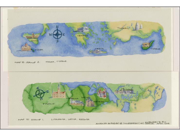 Maps - Original watercolour artworks by Antonia Enthoven as used for borders to 30p and 40p sheetlets with plastic overlay wi