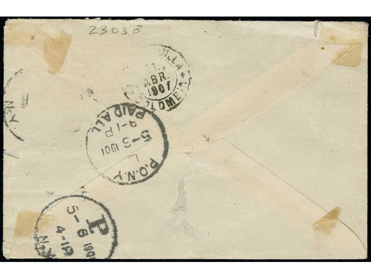 1901, 10 c. black on grey- green, type II, tied by oval "RIO HACHA FRANCO" to cover with adjacent "AGENCIA POSTAL NATIONAL RI