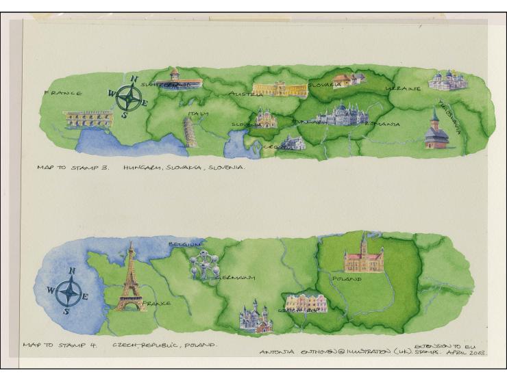 Maps - Original watercolour artworks by Antonia Enthoven as used for borders to 42p and 54p sheetlets with plastic overlay wi