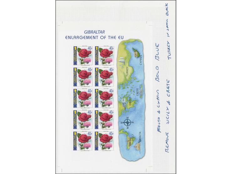Flowers 40p imperf proof sheetlet of 10 with notation regarding colour of Country names in margin, mounted in De La Rue prese