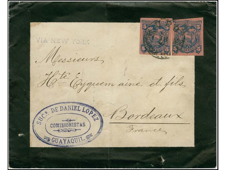 1891, postal stationery cut out 5 c. blue on rose, two items, tied by "GUYAQUZIL 13.5.(93)" to mourning cover via New York to