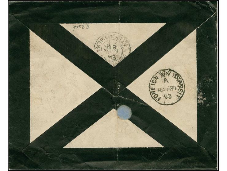 1891, postal stationery cut out 5 c. blue on rose, two items, tied by "GUYAQUZIL 13.5.(93)" to mourning cover via New York to