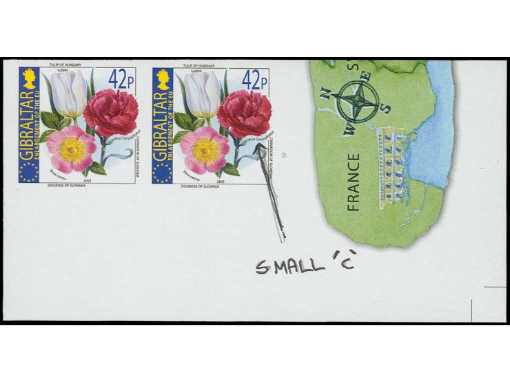 Flowers 42p imperf proof pair as issued except capital C in Caryophyllus highlighted by checker for removal, unmounted mint