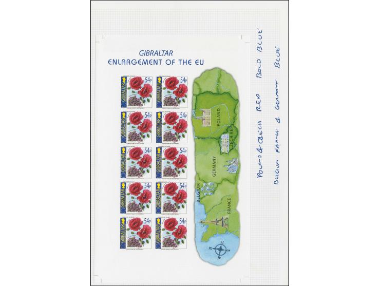 Flowers 54p imperf proof sheetlet of 10 with notation regarding colour of Country names in margin, mounted in De La Rue prese